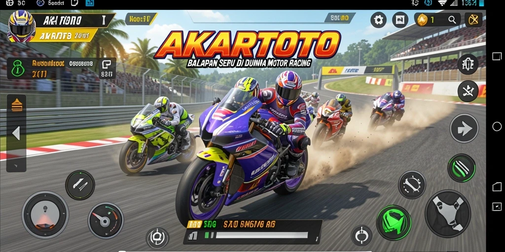 Screenshot gameplay AKARTOTO menampilkan balapan motor yang seru dan mendebarkan.