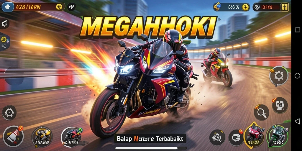 Screenshot utama MEGAHOKI menunjukkan aksi balap motor yang intens.