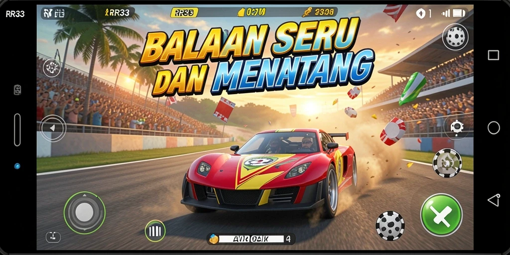 Screenshot gameplay RR33 menunjukkan balapan seru di lintasan yang mendebarkan.