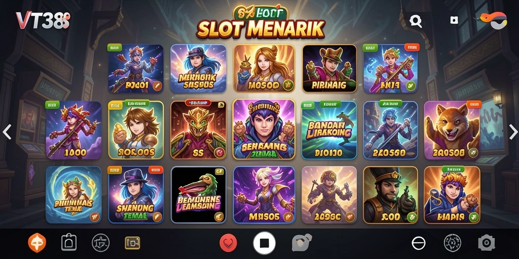 Tangkapan layar gameplay VT38 dengan tampilan menarik dan simbol Slot yang beragam.